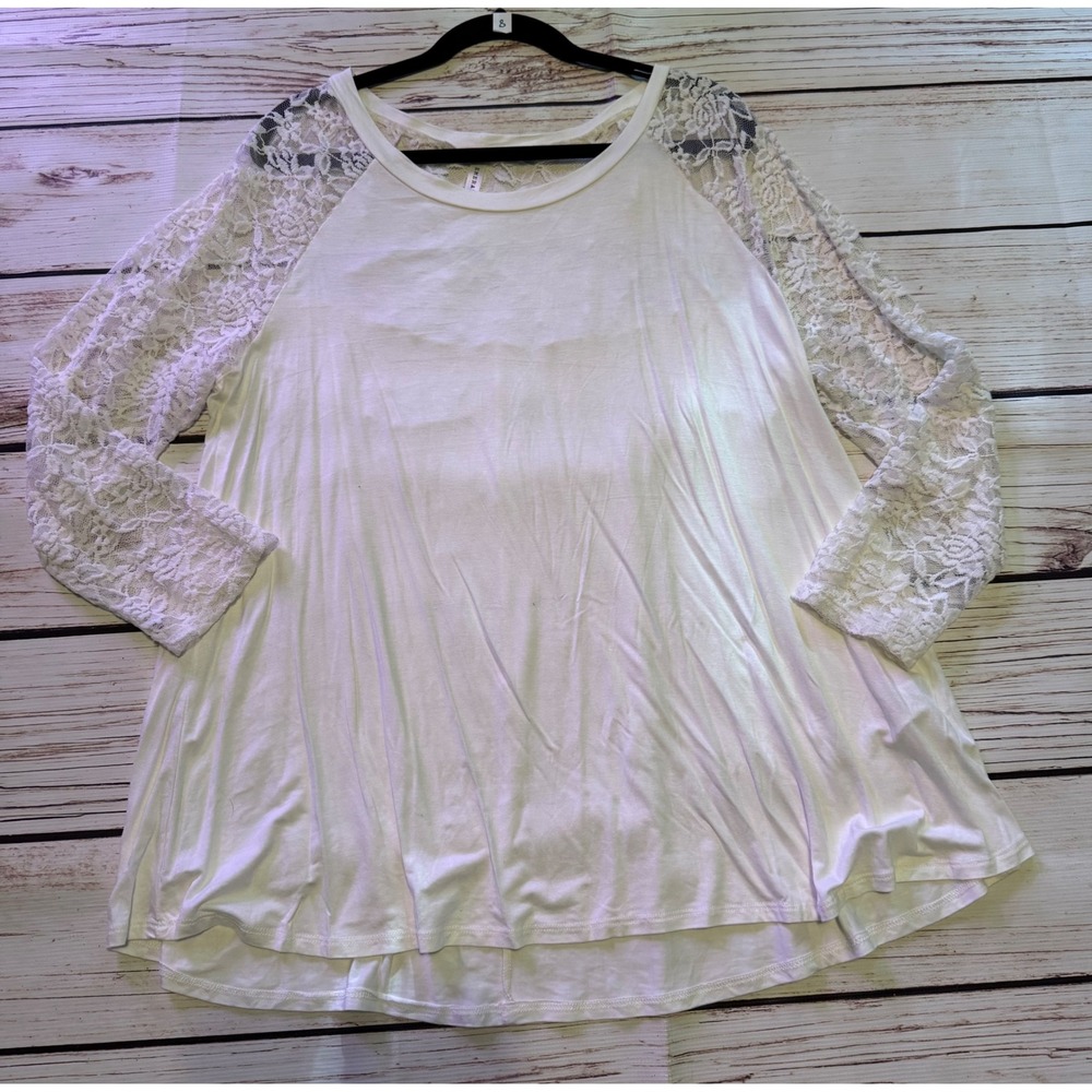 Emerald USA White Lace Long Sleeve Top Plus Size 3X Floral Raglan Knit Blouse